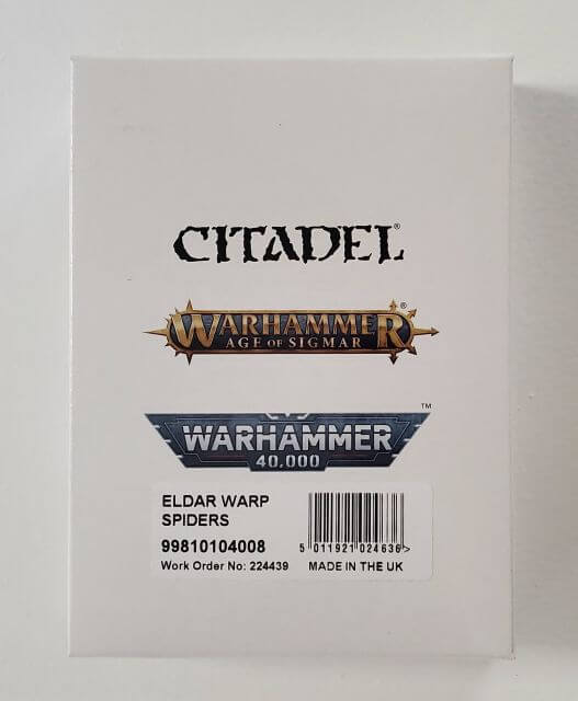 A boxed set of Citadel Warhammer 40,000 Aeldari Warp Spiders miniatures, showing the product packaging with the Warhammer logo.
