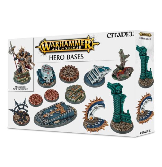 Packaging for Age of Sigmar Hero Bases, displaying various bases and a miniature figure.