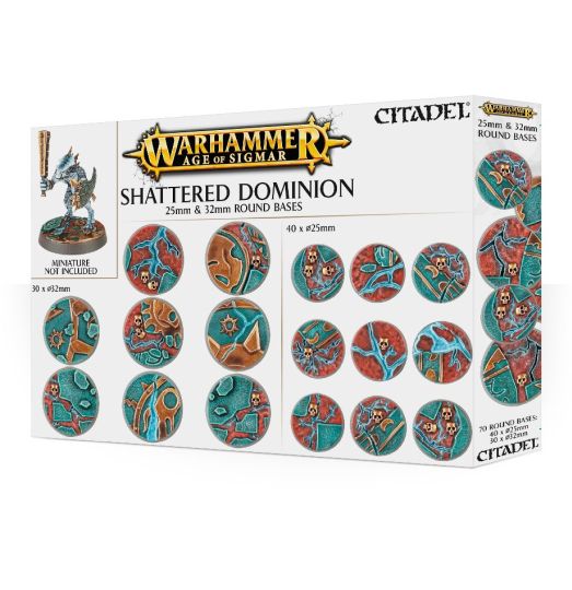 Packaging for Warhammer Age of Sigmar Shattered Dominion round bases, displaying various round bases with different colors and decorative skulls.