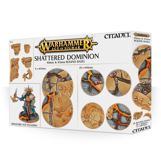 Packaging for Warhammer 40,000 Shattered Dominion round bases, featuring various sized circular bases for miniatures with a fantasy battle theme.