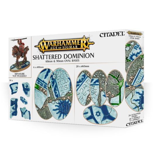 Packaging for Shattered Dominion Oval Bases, displaying various bases and a miniature figure.