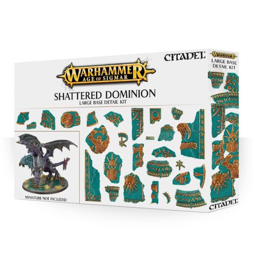 Packaging for Shattered Dominion Large Bases, displaying various bases and a miniature figure.
