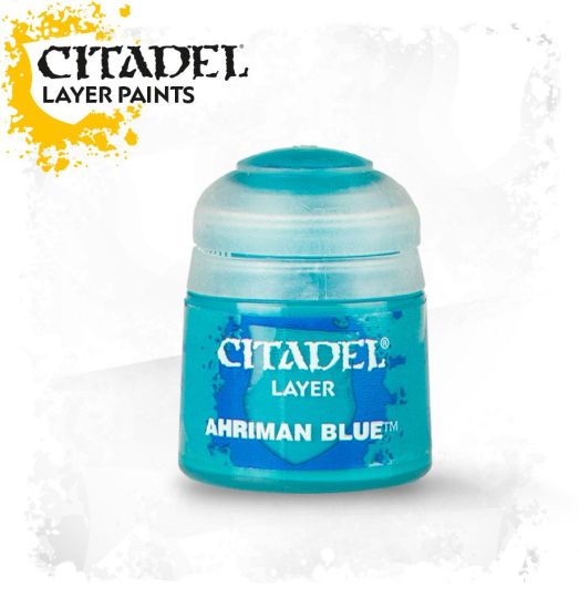 A pot of Citadel Layer acrylic paint in Ahriman Blue color.
