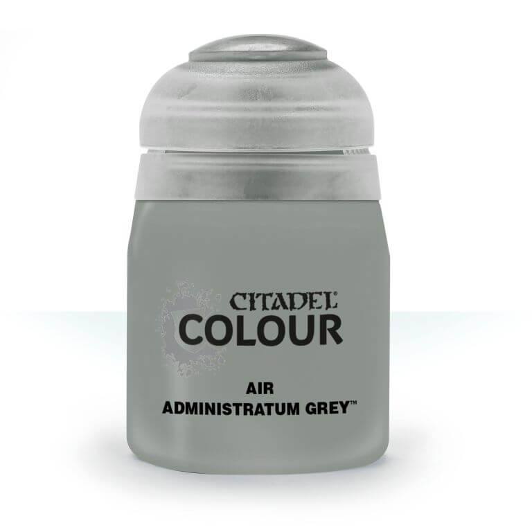 A pot of Citadel Air Adminstratum Grey paint, primarily grey in color with a white lid and silver accents on the label.