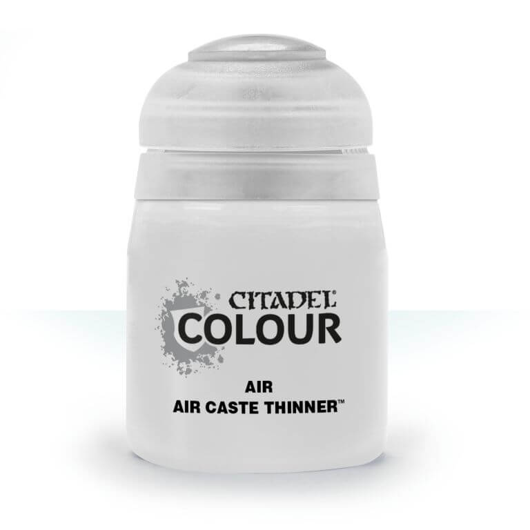 A pot of Citadel Air Caste Thinner paint, with a white lid and silver accents on the label.