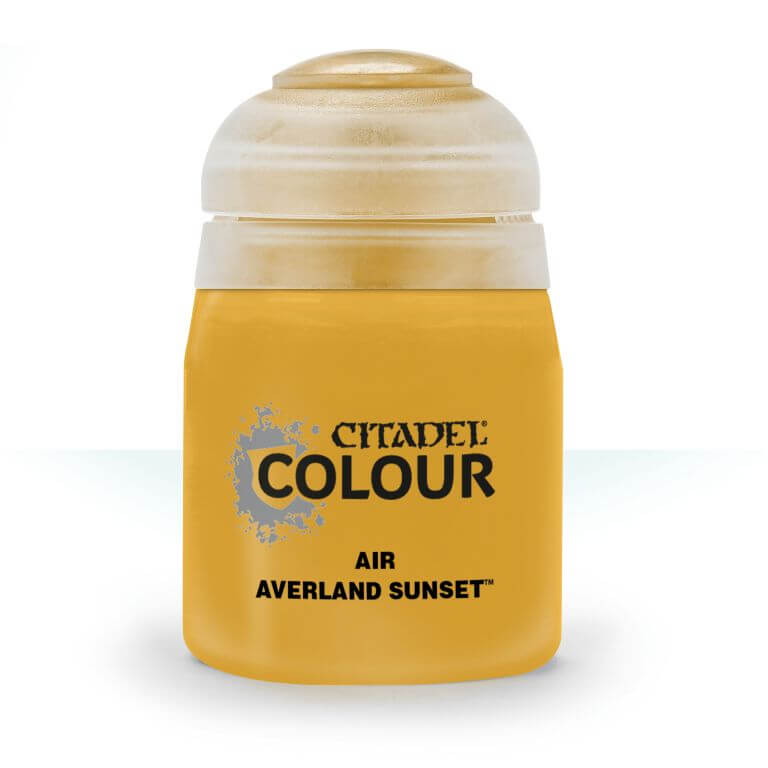 A pot of Citadel Air Averland Sunset paint, primarily yellow in color with a white lid and silver accents on the label.