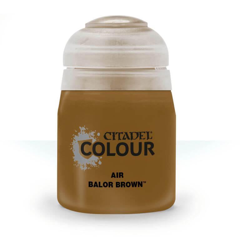 A pot of Citadel Air Balor Brown paint, primarily brown in color with a white lid and silver accents on the label.