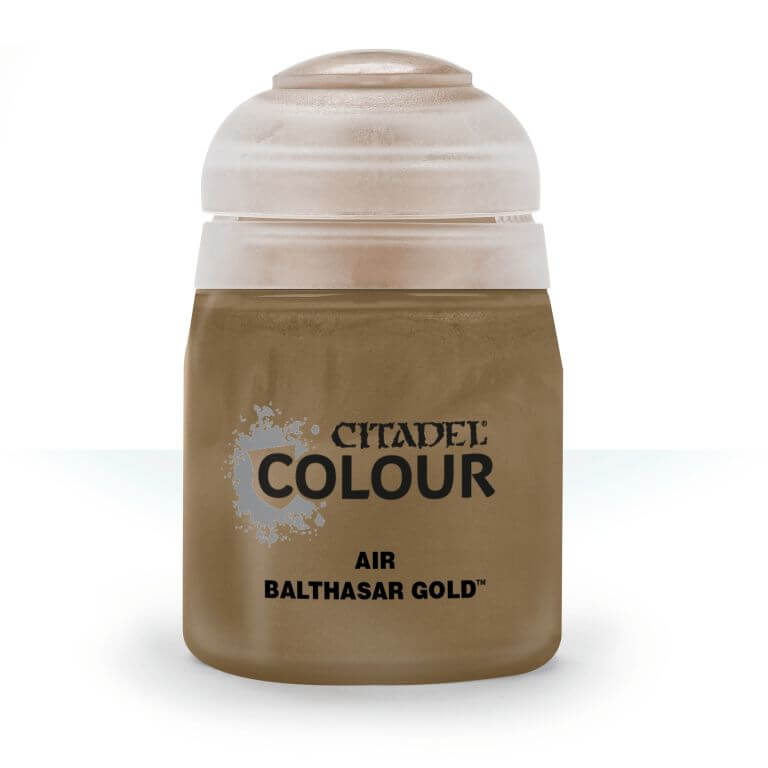 A pot of Citadel Air Balthasar Gold paint, primarily gold in color with a white lid and silver accents on the label.