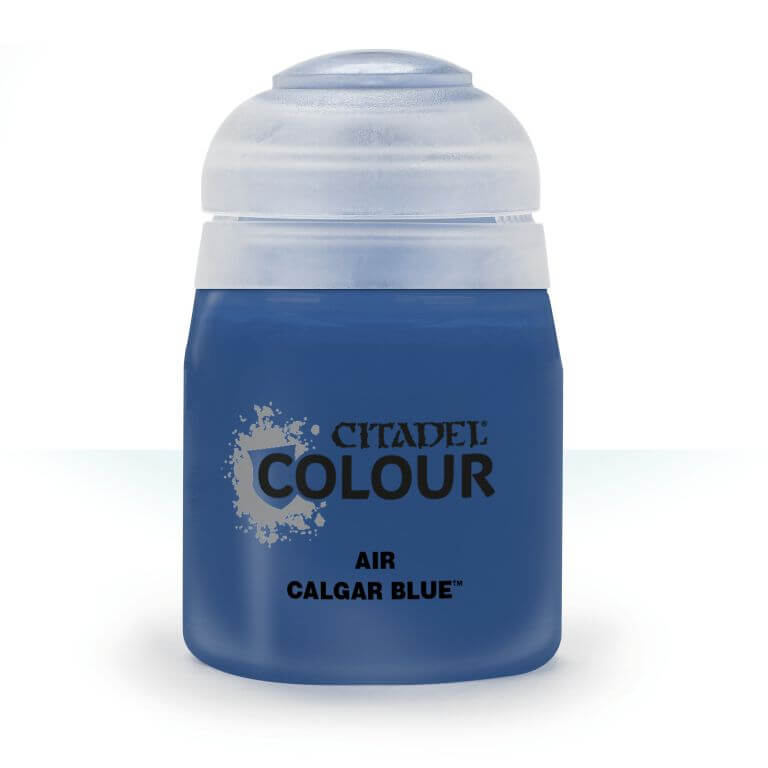 A pot of Citadel Air Calgar Blue paint, primarily blue in color with a white lid and silver accents on the label.
