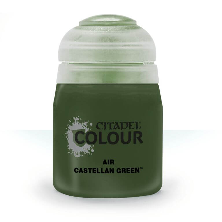 A pot of Citadel Air Castellan Green paint, primarily green in color with a white lid and silver accents on the label.