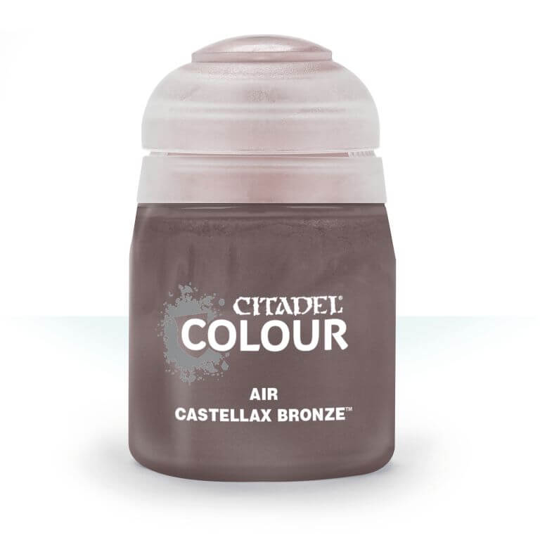 A 24ml pot of Citadel airbrush paint in Bronze color.