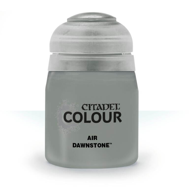 A pot of Citadel Air Dawnstone paint, primarily grey in color with a white lid and silver accents on the label.