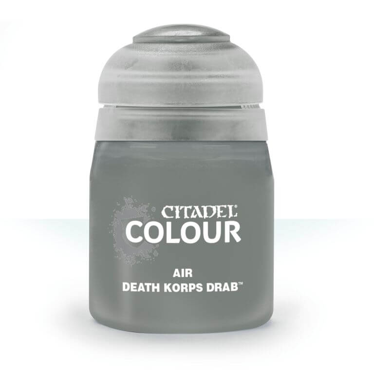 A pot of Citadel Air Death Korps Drab paint, primarily grey in color with a white lid and silver accents on the label.