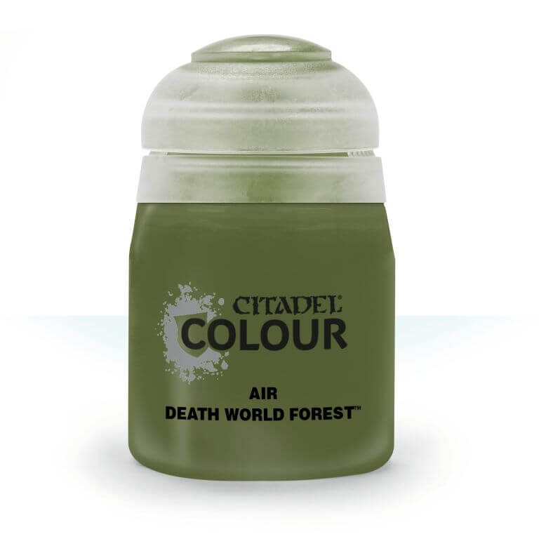 A pot of Citadel Air Death World Forest paint, primarily Green in color with a white lid and silver accents on the label.