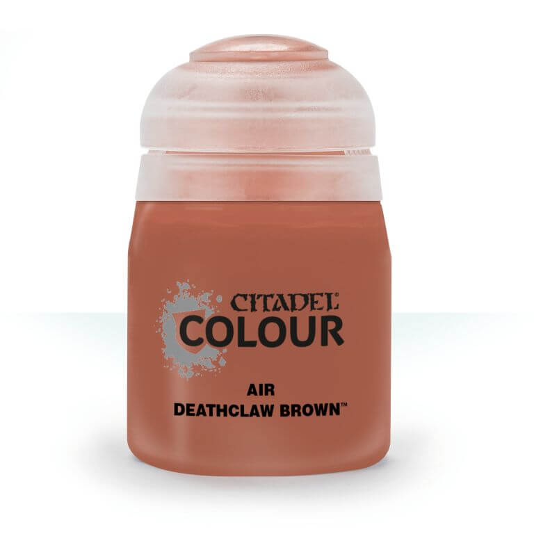 A pot of Citadel Air Deathclaw Brown paint, primarily brown in color with a white lid and silver accents on the label.