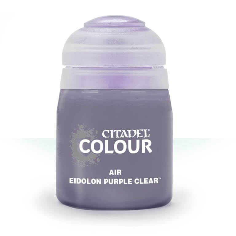 A pot of Citadel Air Eidolon Purple Clear paint, primarily dull purple in color with a white lid and silver accents on the label.