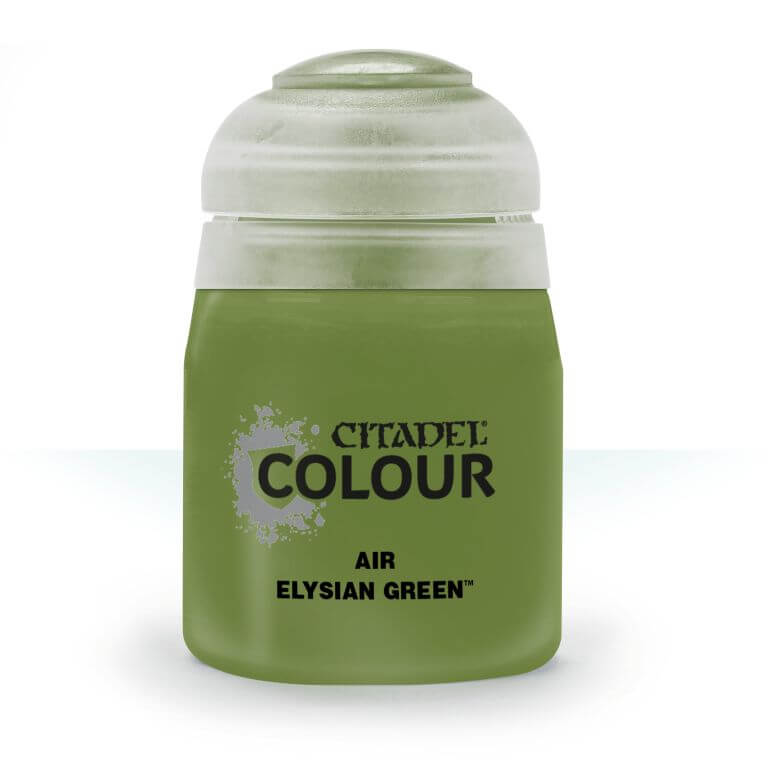 A pot of Citadel Air Elysian Green paint, primarily green in color with a white lid and silver accents on the label.
