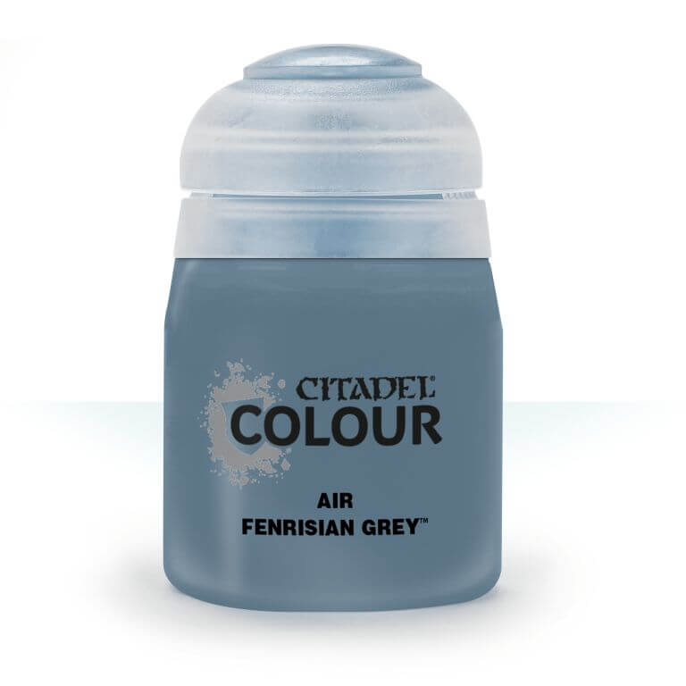 A pot of Citadel Air Fenrisian Grey paint, primarily grey in color with a white lid and silver accents on the label.