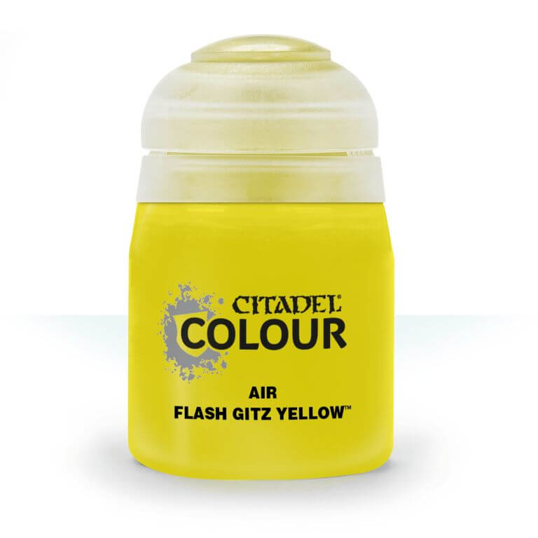 A pot of Citadel Air Flash Gitz Yellow paint, primarily yellow in color with a white lid and silver accents on the label.