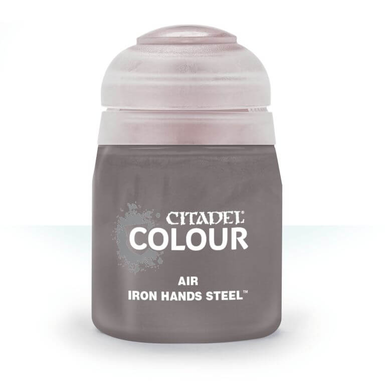 A pot of Citadel Air Iron Hands Steel paint, primarily steel in color with a white lid and silver accents on the label.