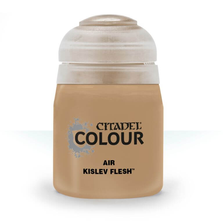 A pot of Citadel Air Kislev Flesh paint, primarily peach in color with a white lid and silver accents on the label.