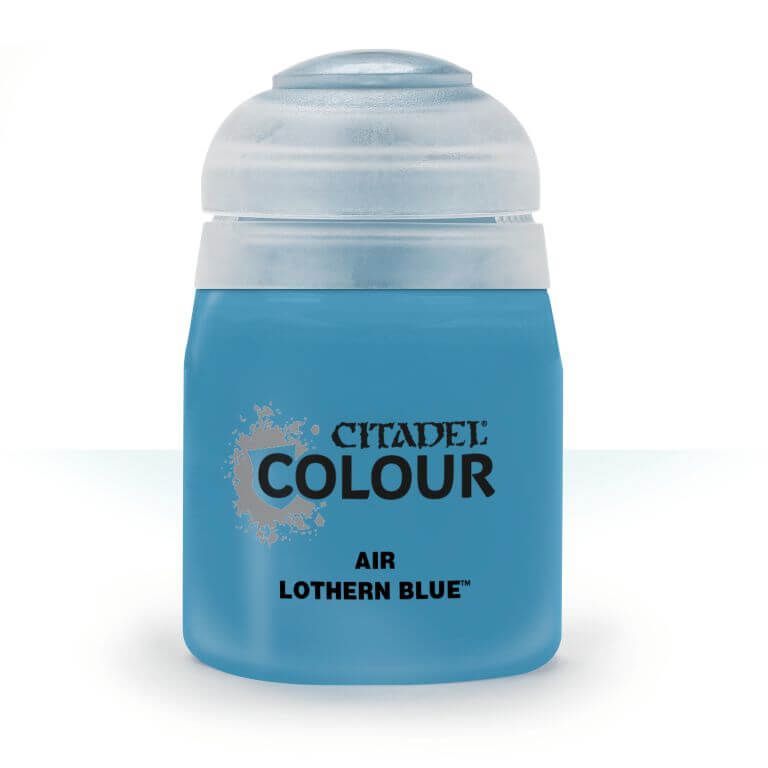 A pot of Citadel Air Lothern Blue paint, primarily sky blue in color with a white lid and silver accents on the label.