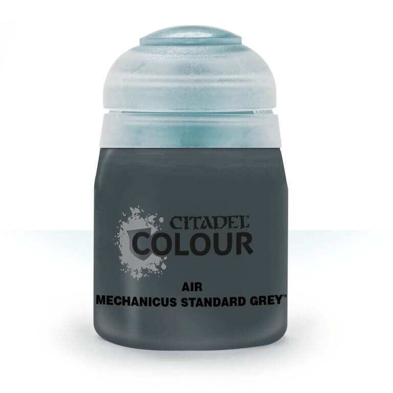 A pot of Citadel Air Mechanicus Standard Grey paint, primarily grey in color with a white lid and silver accents on the label.