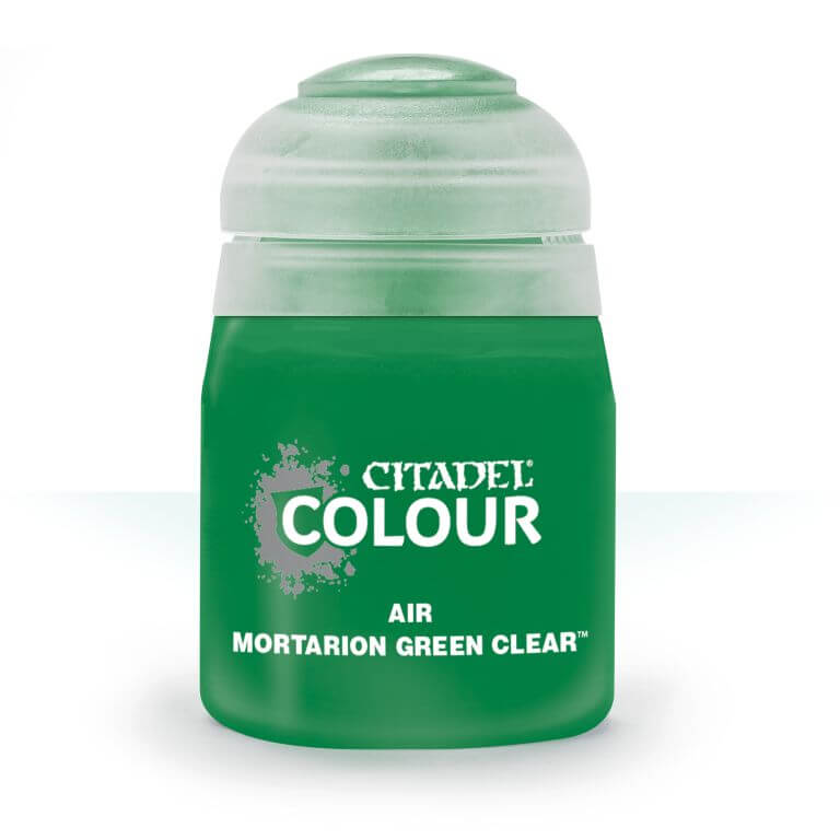 A pot of Citadel Air Mortarion Green Clear paint, primarily green in color with a white lid and silver accents on the label.