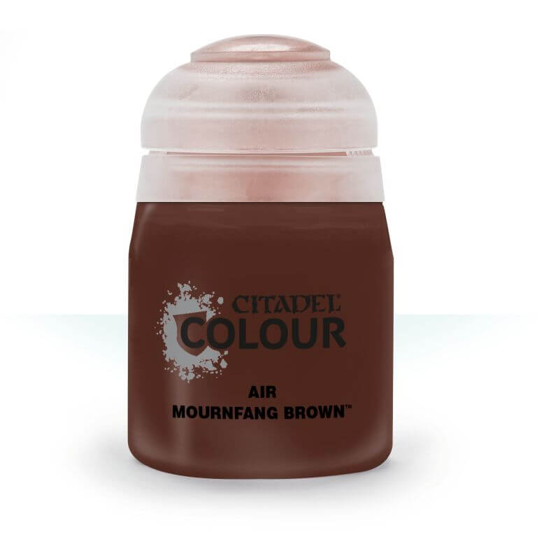 A pot of Citadel Air Mournfang Brown paint, primarily brown in color with a white lid and silver accents on the label.