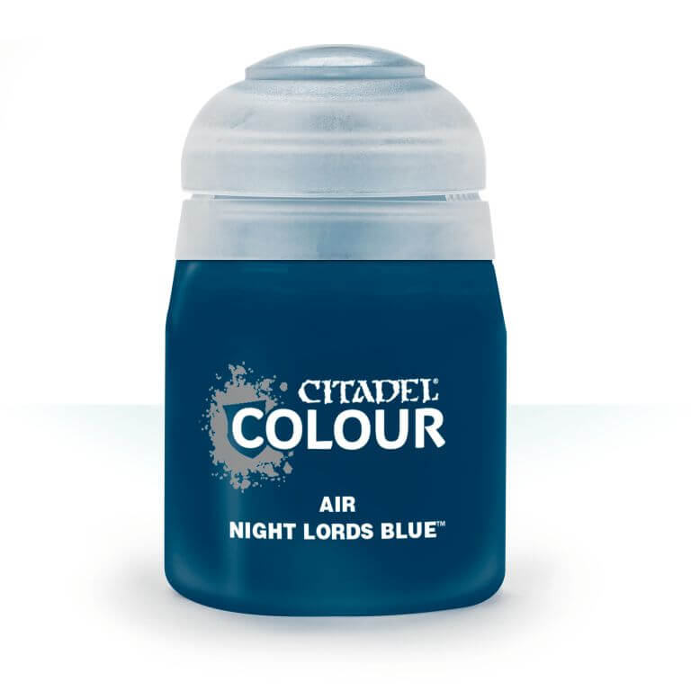 A pot of Citadel Air Night Lords Blue paint, primarily dark blue in color with a white lid and silver accents on the label.