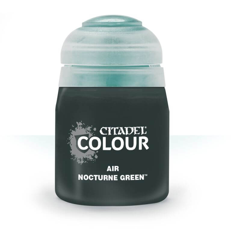 A pot of Citadel Air Nocturne Green paint, primarily deep green in color with a white lid and silver accents on the label.