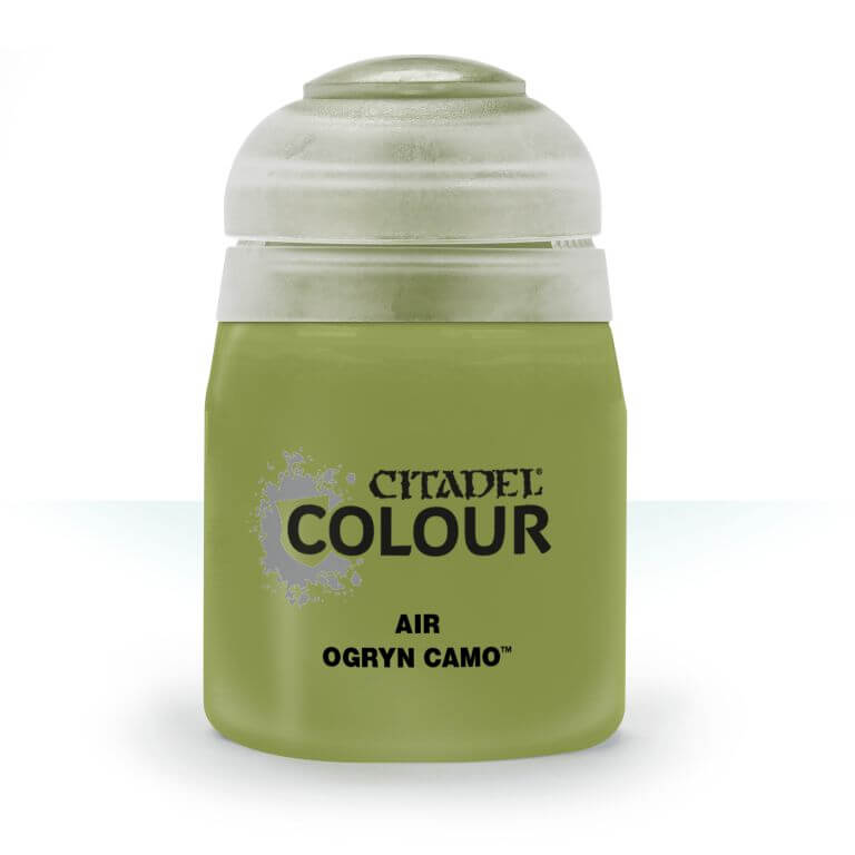A pot of Citadel Air Ogryn Camo paint, primarily green in color with a white lid and silver accents on the label.