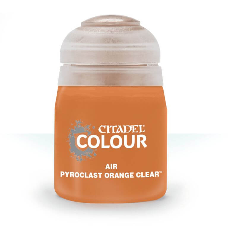 A pot of Citadel Air Pyreclast Orange Clear paint, primarily bright orange in color with a white lid and silver accents on the label.
