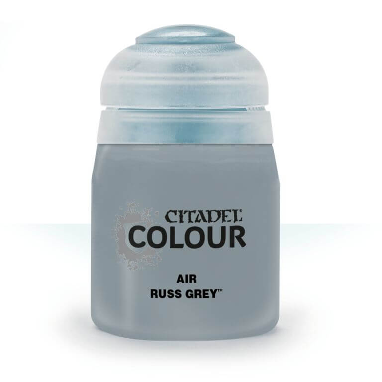 A pot of Citadel Air Russ Grey paint, primarily grey in color with a white lid and silver accents on the label.