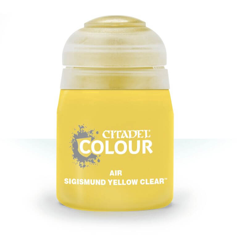 A pot of Citadel Air Sigismund Yellow Clear paint, primarily bright yellow in color with a white lid and silver accents on the label.