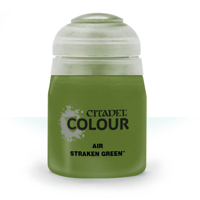 A pot of Citadel Air Straken Green paint, primarily green in color with a white lid and silver accents on the label.
