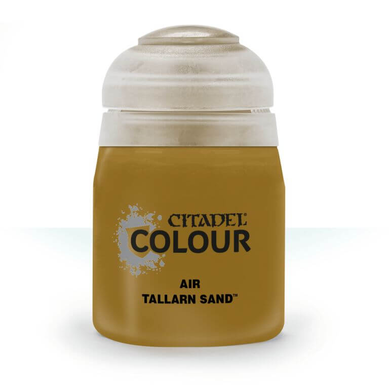 A pot of Citadel Air Tallarn Sand paint, primarily beige in color with a white lid and silver accents on the label.