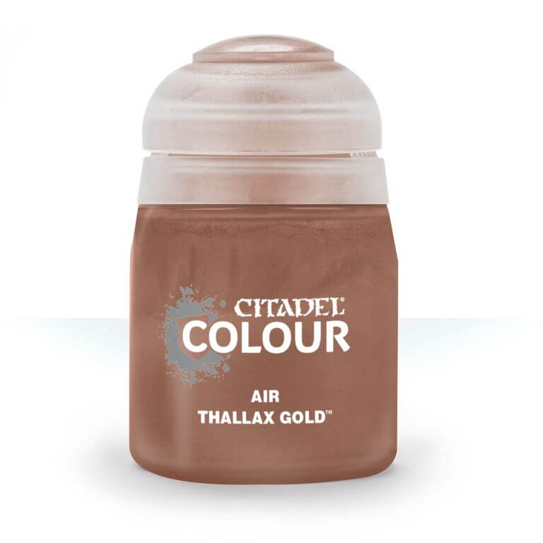 A pot of Citadel Air Thallax Gold paint, primarily gold in color with a white lid and silver accents on the label.