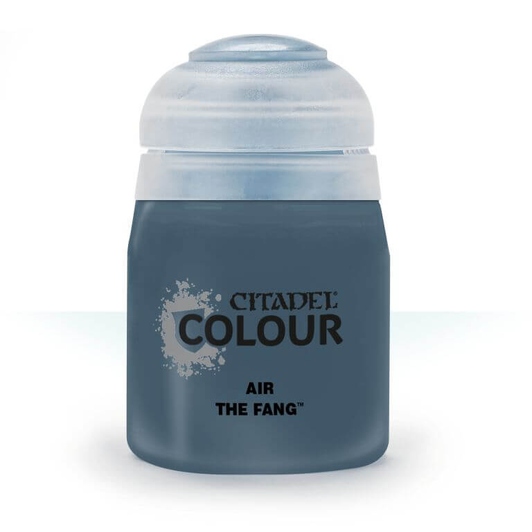 A pot of Citadel Air The Fant paint, primarily blue in color with a white lid and silver accents on the label.