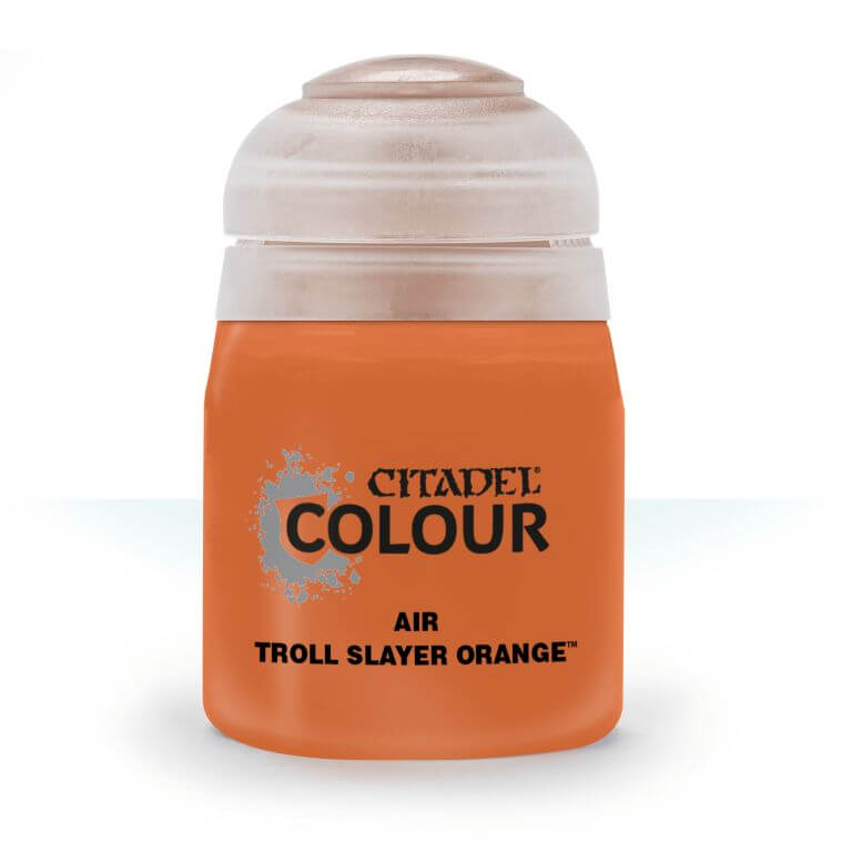 A pot of Citadel Air Troll Slayer Orange paint, primarily orange in color with a white lid and silver accents on the label.
