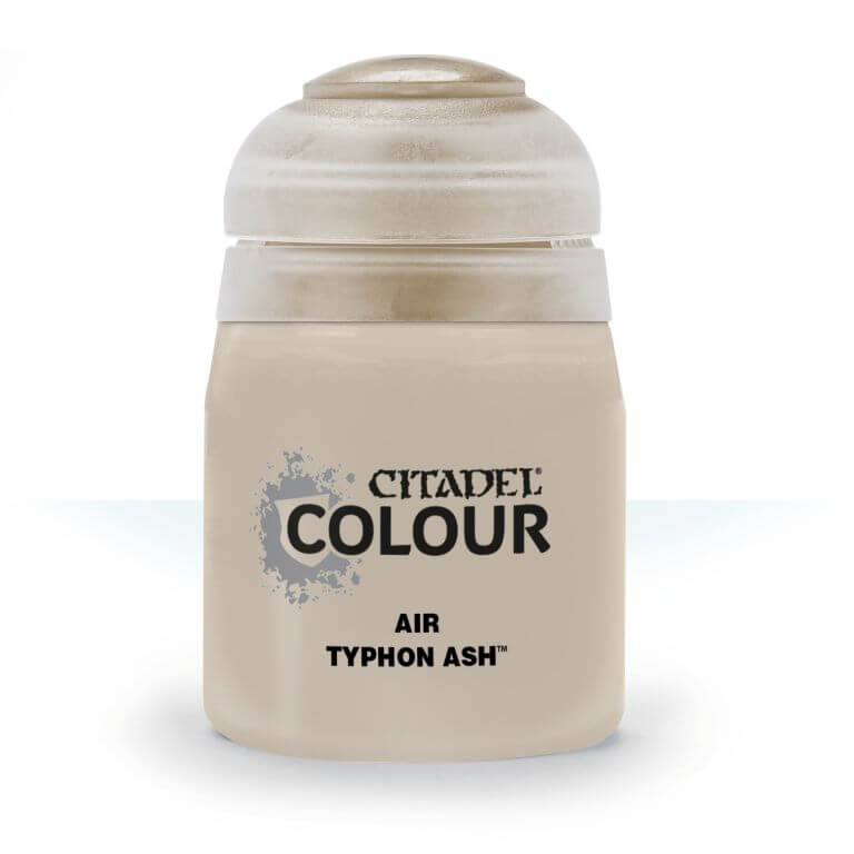 A pot of Citadel Air Typhon Ash paint, primarily toupe in color with a white lid and silver accents on the label.