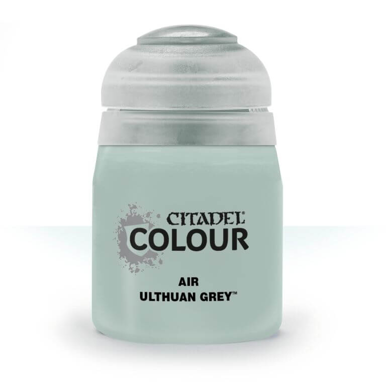 A pot of Citadel Air Ulthuan Grey paint, primarily grey-green in color with a white lid and silver accents on the label.