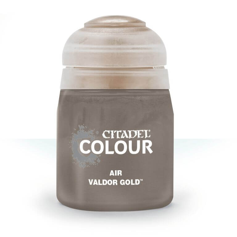A pot of Citadel Air Valdor Gold paint, primarily dull gold in color with a white lid and silver accents on the label.