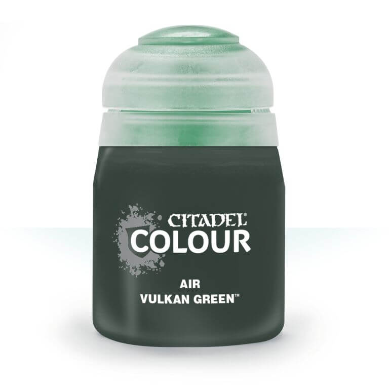 A 24ml pot of Citadel Air paint in the color Vulkan Green, designed for airbrushing.