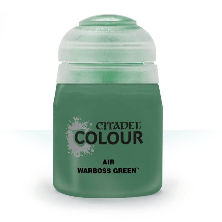 A 24ml pot of Citadel airbrush paint in the color Warboss Green.
