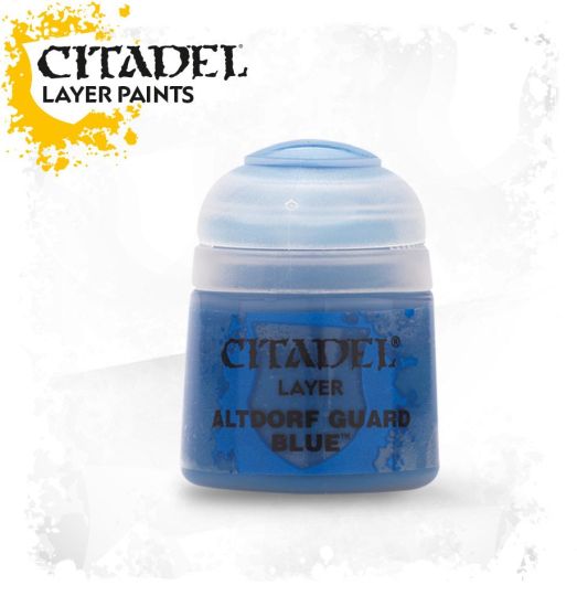 A pot of Citadel Layer paints in Altdorf Guard Blue color, designed for painting miniatures.