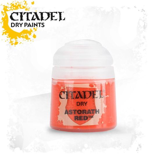 A pot of Citadel dry paint in the color 'Astorath Red'. The pot is labeled with the brand and product name, and is presented with a yellow and red design.