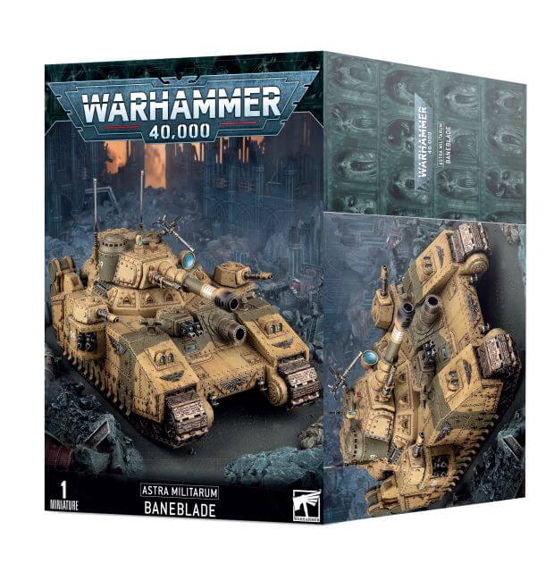 Product packaging for Warhammer 40,000 Astra Militarum Baneblade, featuring a image of the assembled tank in a camouflage pattern.