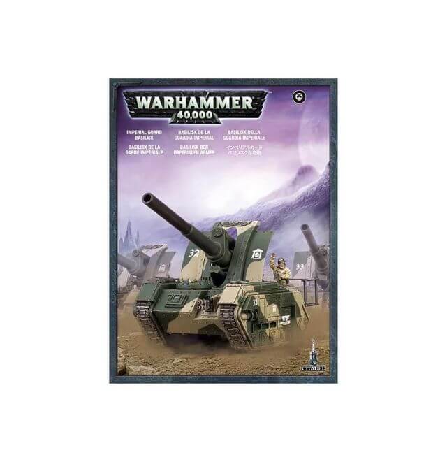 A product image featuring the Warhammer 40,000 Astra Militarum Basilisk, a multi-part plastic Imperial Guard tank.