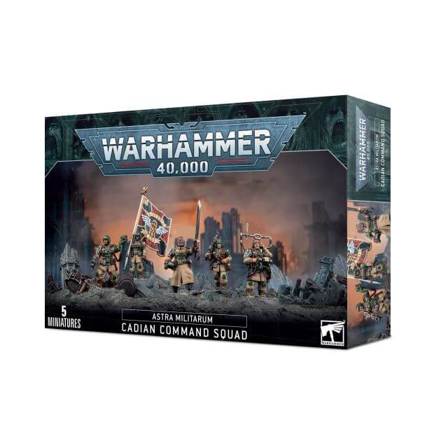 Box packaging for Warhammer 40,000 Astra Militarum Cadian Command Squad miniatures, featuring five members of the squad holding various weapons and a flag, with a backdrop of battle damage.